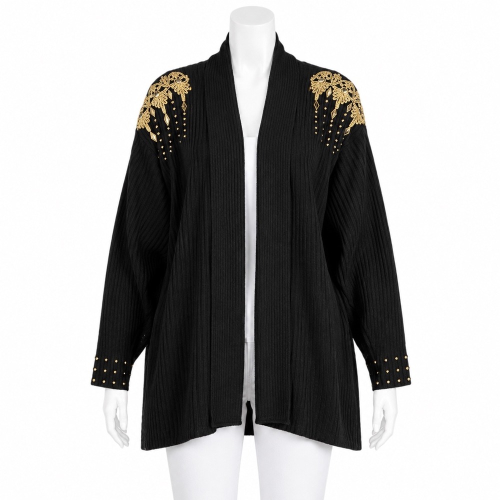 Marshall Rousso Cardigan Women OS Black‎ Gold Lace Applique Studded Open Front